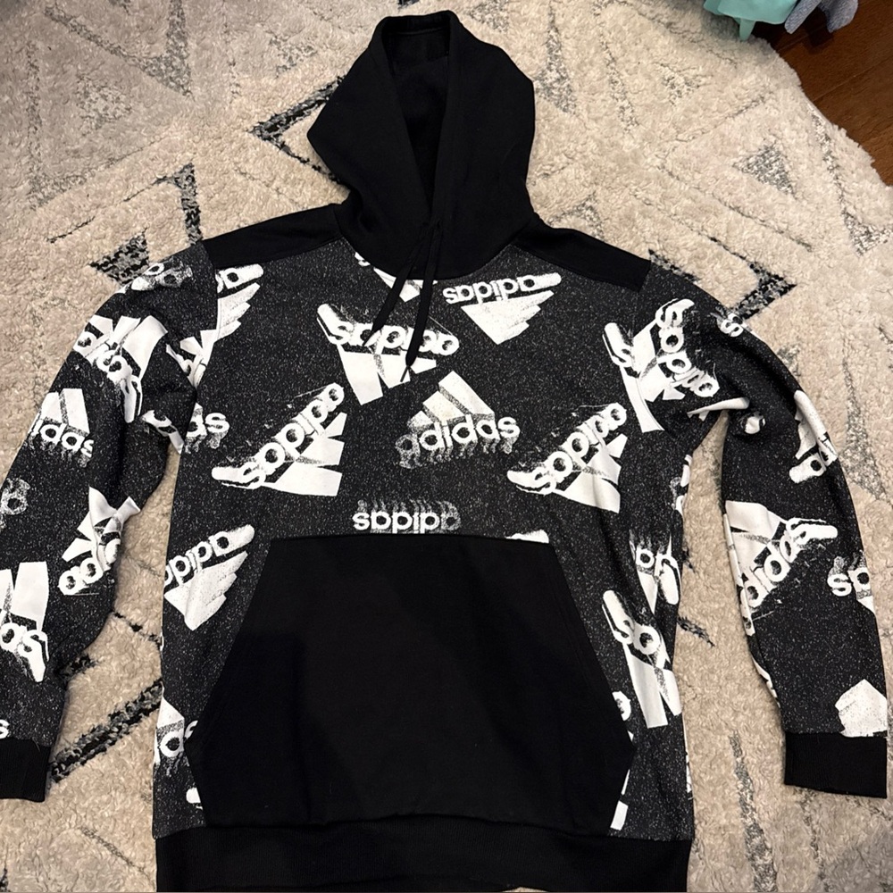 Adidas Sweatshirt Hoodie Men Size L Pullover  Black/White Long Sleeve